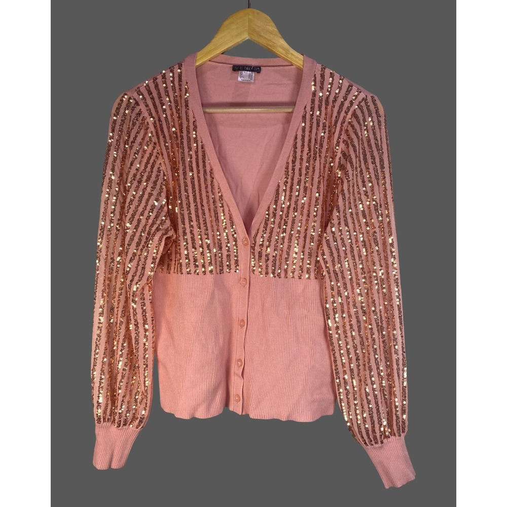 Venus Womens XL Pink Rose Gold Sequin Stripe Button Front Cardigan Sweater‎ NWOT